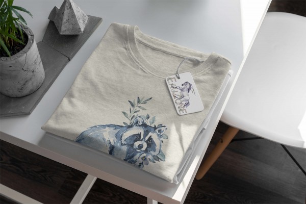 Paul Sinus Art Herren Shirt 100% gekämmte Bio-Baumwolle T-Shirt Aquarell Waschbär Blumen Motiv Nachhaltig Ökomode Großer Ausverkauf