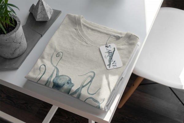 Paul Sinus Art Herren Shirt 100% gekämmte Bio-Baumwolle T-Shirt Oktopus Wasserfarben Motiv Nachhaltig Ökomode aus Online Shopping