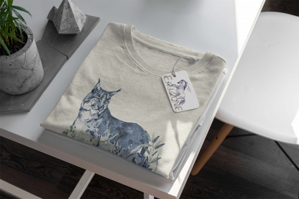 Paul Sinus Art Herren Shirt 100% gekämmte Bio-Baumwolle T-Shirt Aquarell Luchs Blumen Motiv Nachhaltig Ökomode aus Saisonschlussverkauf