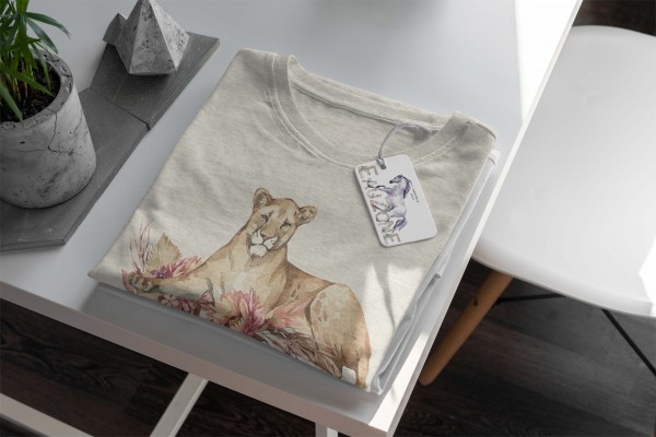 Paul Sinus Art Herren Shirt 100% gekämmte Bio-Baumwolle T-Shirt Aquarell Löwin Blumen Savanne Motiv Nachhaltig Öko Valentinstagsangebot