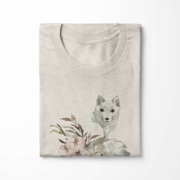 Paul Sinus Art Herren Shirt 100% gekämmte Bio-Baumwolle T-Shirt Aquarell Polarfuchs Blumen Motiv Nachhaltig Ökomod Heißer Verkauf
