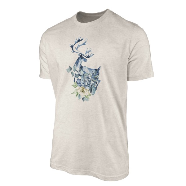 Paul Sinus Art Herren Shirt 100% gekämmte Bio-Baumwolle T-Shirt Aquarell Elch Blumen Motiv Nachhaltig Ökomode aus Neueste Mode