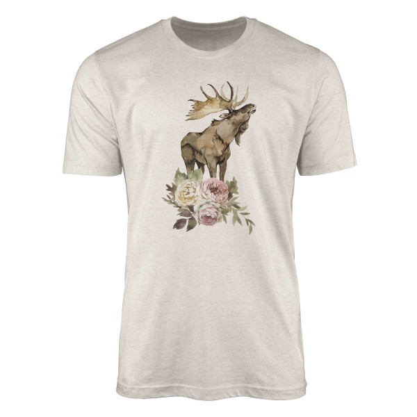 Paul Sinus Art Herren Shirt 100% gekämmte Bio-Baumwolle T-Shirt Aquarell Elch Blumen Motiv Nachhaltig Ökomode aus