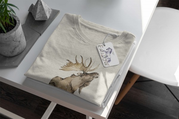 Paul Sinus Art Herren Shirt 100% gekämmte Bio-Baumwolle T-Shirt Aquarell Elch Blumen Motiv Nachhaltig Ökomode aus Exklusive Angebote