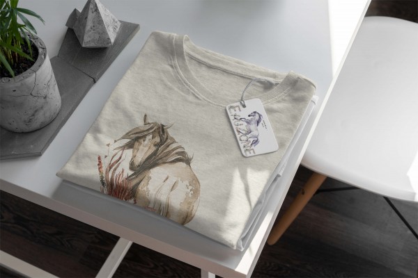 Paul Sinus Art Herren Shirt 100% gekämmte Bio-Baumwolle T-Shirt Aquarell Pferd Blumen Motiv Nachhaltig Ökomode aus Neuheiten
