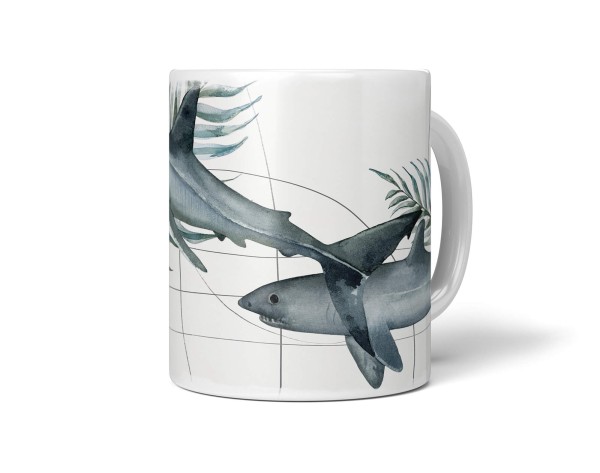 Paul Sinus Art Dekorative Tasse mit schönem Motiv graue Haie Pflanzen unter Wasser Aquarell Design