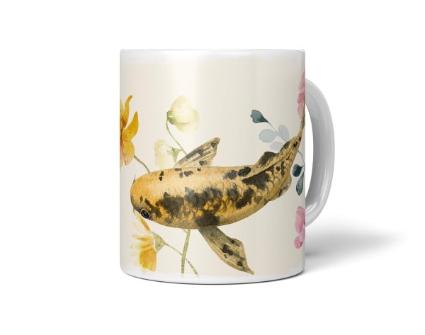 Paul Sinus Art Dekorative Tasse mit schönem Motiv goldener Koi Blumen Blüten Kunstvoll Wasserfarben