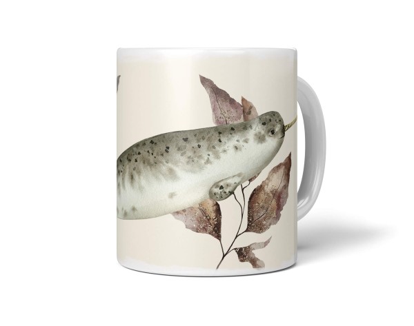 Paul Sinus Art Dekorative Tasse mit schönem Motiv Narwal Vintage Wasserfarben Beige Pastellton Kunstvoll