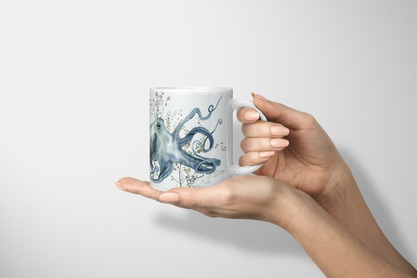 Paul Sinus Art Dekorative Tasse mit schönem Motiv Oktopus Aquarell Pflanzen Wasserfarben Kunstvoll Einzigartig Schlussverkauf