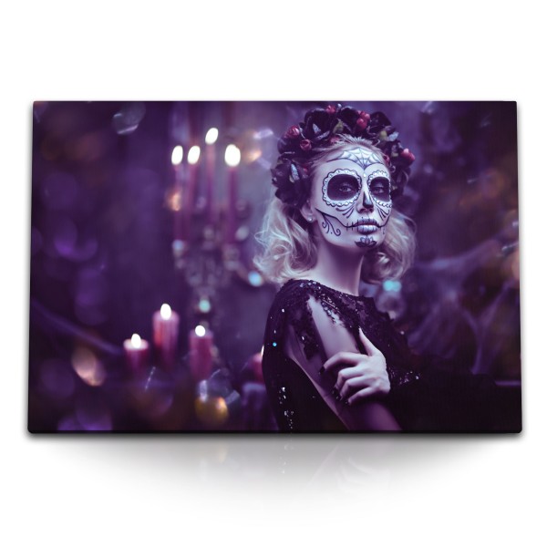 Paul Sinus Art 120x80cm Wandbild auf Leinwand Junge Frau mit Maske Totenkopf Kunstvoll Día de Muertos