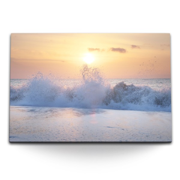 Paul Sinus Art 120x80cm Wandbild auf Leinwand Strand Wellen Horizont Sonnenuntergang Meer