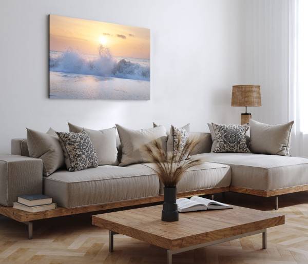 Paul Sinus Art 120x80cm Wandbild auf Leinwand Strand Wellen Horizont Sonnenuntergang Meer Muttertagsangebot