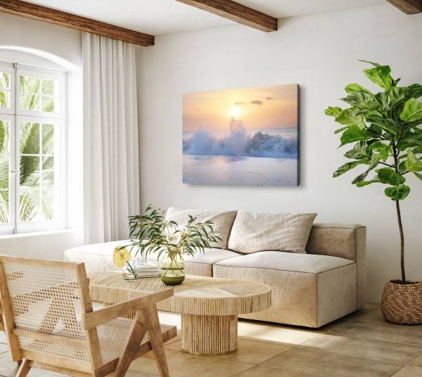 Paul Sinus Art 120x80cm Wandbild auf Leinwand Strand Wellen Horizont Sonnenuntergang Meer Muttertagsangebot
