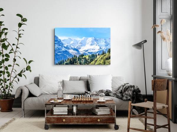 Paul Sinus Art 120x80cm Wandbild auf Leinwand Alpenlandschaft Natur Berge Schnee Tanne Schneegipfel Valentinstagsangebot