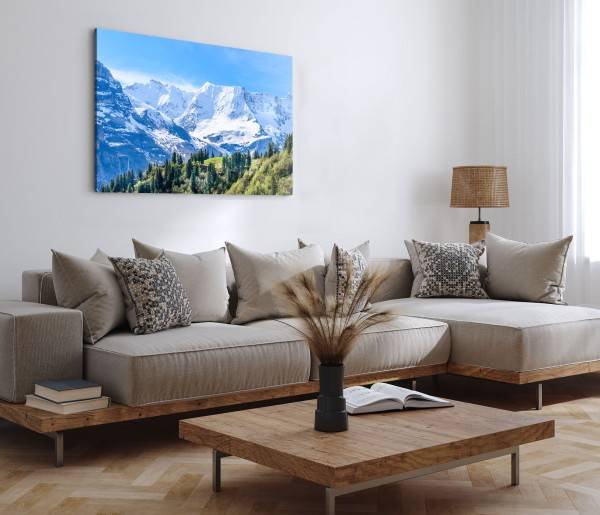 Paul Sinus Art 120x80cm Wandbild auf Leinwand Alpenlandschaft Natur Berge Schnee Tanne Schneegipfel Valentinstagsangebot