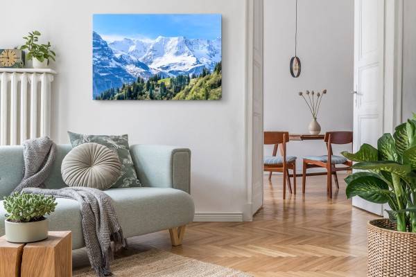 Paul Sinus Art 120x80cm Wandbild auf Leinwand Alpenlandschaft Natur Berge Schnee Tanne Schneegipfel Valentinstagsangebot