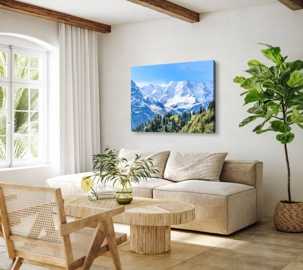 Paul Sinus Art 120x80cm Wandbild auf Leinwand Alpenlandschaft Natur Berge Schnee Tanne Schneegipfel Valentinstagsangebot