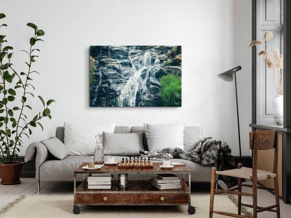 Paul Sinus Art 120x80cm Wandbild auf Leinwand Wasserfall Felsen Berg Natur Bach Quellwasser Bestseller
