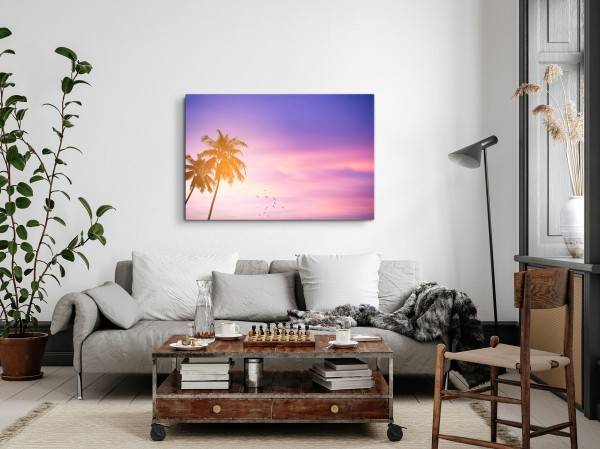 Paul Sinus Art 120x80cm Wandbild auf Leinwand Palmen Karibik rosa Himmel Sonnenuntergang Vögel Saisonale Angebote