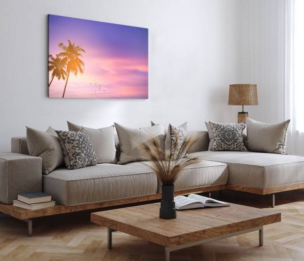 Paul Sinus Art 120x80cm Wandbild auf Leinwand Palmen Karibik rosa Himmel Sonnenuntergang Vögel Saisonale Angebote