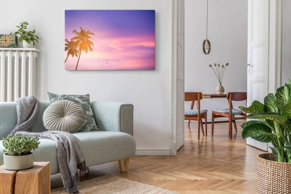 Paul Sinus Art 120x80cm Wandbild auf Leinwand Palmen Karibik rosa Himmel Sonnenuntergang Vögel Saisonale Angebote