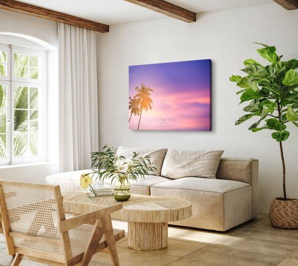 Paul Sinus Art 120x80cm Wandbild auf Leinwand Palmen Karibik rosa Himmel Sonnenuntergang Vögel Saisonale Angebote