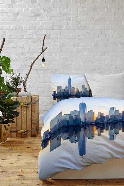 Paul Sinus Art Manhattan Skyline Horizont Spiegelung Bettwäsche Set 135x200 cm + 80x80cm Atmungsaktiv Tiefpreis