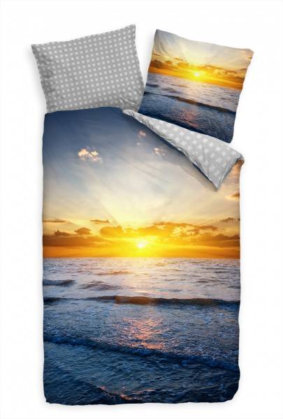 Paul Sinus Art Sonnenuntergang Meer Sonne Blau Gelb Bettwäsche Set 135x200 cm + 80x80cm Atmungsaktiv