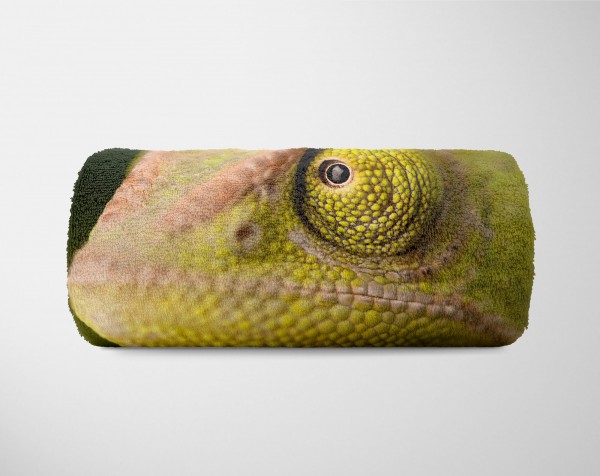 Paul Sinus Art Handtuch Strandhandtuch Saunatuch Kuscheldecke mit Tiermotiv Chamäleon Nahaufna 2025