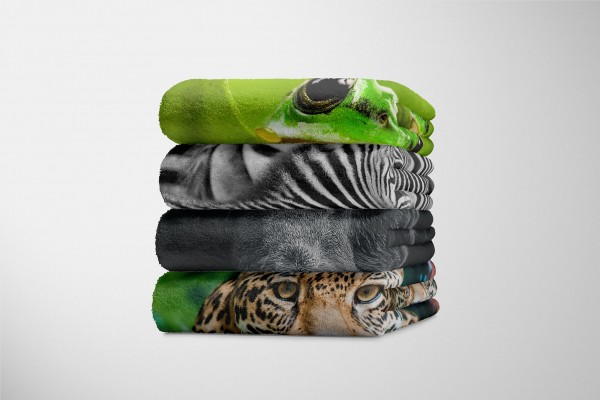 Paul Sinus Art Handtuch Strandhandtuch Saunatuch Kuscheldecke mit Tiermotiv großer Bär Schwarz Auslauf