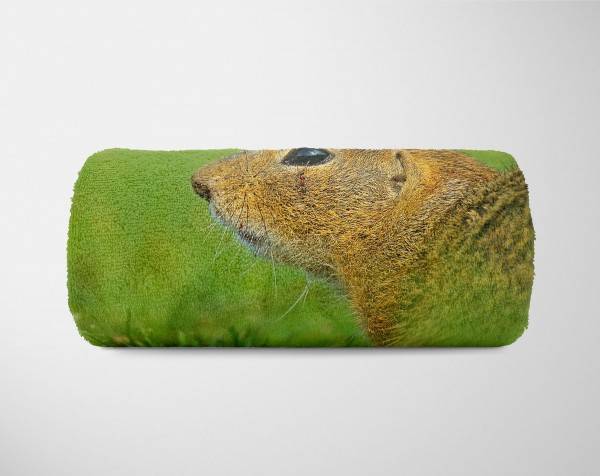 Paul Sinus Art Handtuch Strandhandtuch Saunatuch Kuscheldecke mit Tiermotiv Erdhörnchen im Gra im Angebot