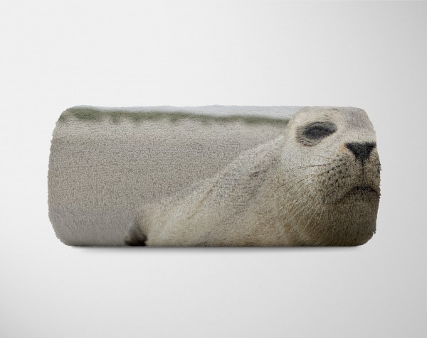 Paul Sinus Art Handtuch Strandhandtuch Saunatuch Kuscheldecke mit Tiermotiv Robbe am Strand Valentinstagsangebot