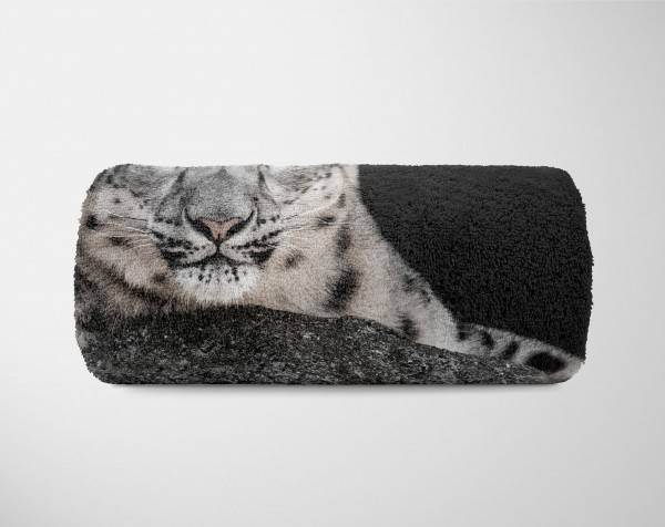 Paul Sinus Art Handtuch Strandhandtuch Saunatuch Kuscheldecke mit Tiermotiv Schneeleopard Neuheiten