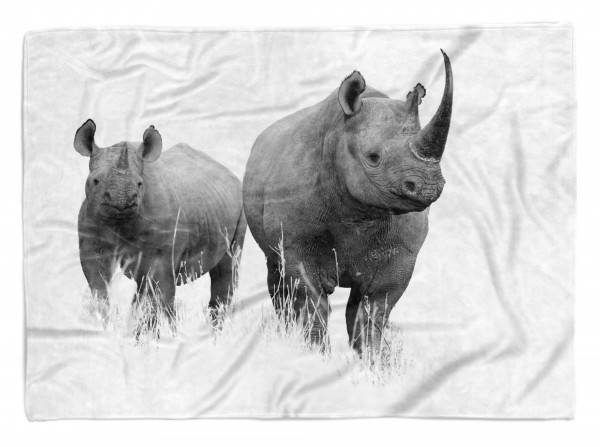 Paul Sinus Art Handtuch Strandhandtuch Saunatuch Kuscheldecke mit Tiermotiv Nashörner Schwarz