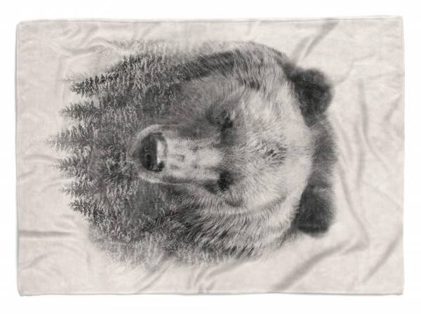 Paul Sinus Art Handtuch Strandhandtuch Saunatuch Kuscheldecke mit Tiermotiv Bär Tannenwald Kun