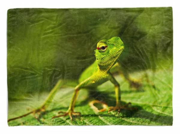 Paul Sinus Art Handtuch Strandhandtuch Saunatuch Kuscheldecke mit Tiermotiv Echse auf grünen B