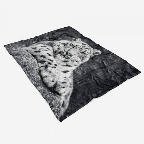 Paul Sinus Art Handtuch Strandhandtuch Saunatuch Kuscheldecke mit Tiermotiv Schneeleopard Schw im Angebot