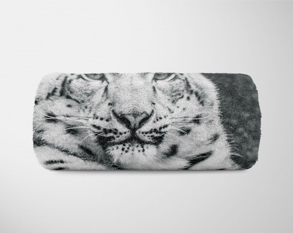 Paul Sinus Art Handtuch Strandhandtuch Saunatuch Kuscheldecke mit Tiermotiv Schneeleopard Schw im Angebot