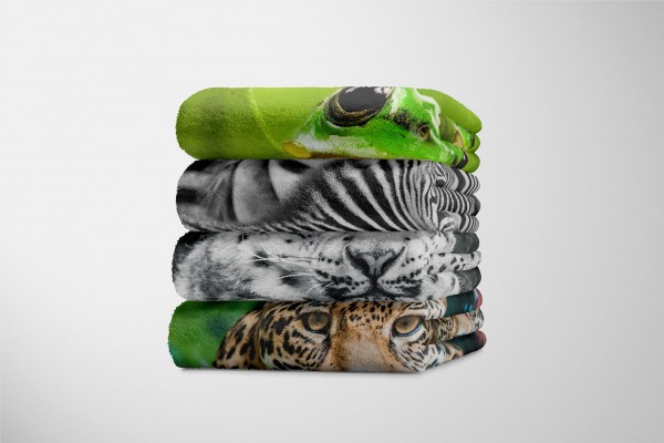 Paul Sinus Art Handtuch Strandhandtuch Saunatuch Kuscheldecke mit Tiermotiv Schneeleopard Schw im Angebot