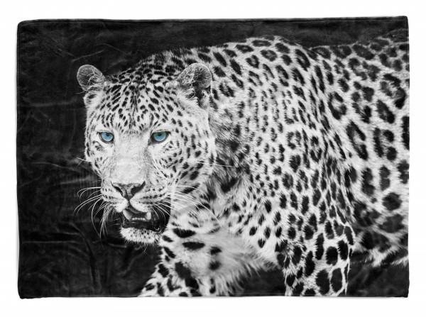 Paul Sinus Art Handtuch Strandhandtuch Saunatuch Kuscheldecke mit Tiermotiv Jaguar Schwarz Wei