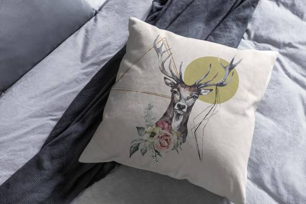 Paul Sinus Art Kissen Dekokissen Kuschelig Eauzone Aquarell Hirsch Porträt Blumen Pastelltöne Dekorativ Schön Weich Tägliche Deals
