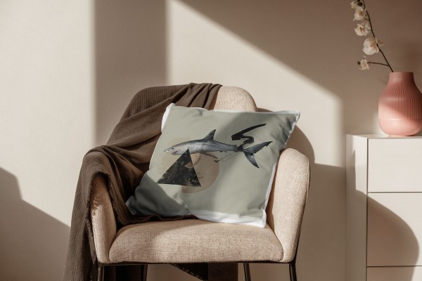 Paul Sinus Art Dekokissen Kissen Pastellfarben Eauzone Hai Wasserfarben Motiv Kunstvoll Dekorativ Weich Schön im Angebot