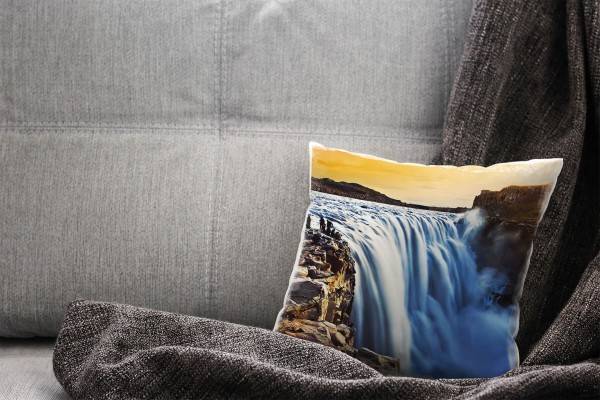 Paul Sinus Art Natur, orange, braun, blau, Wasserfall, Island Deko Kissen 40x40cm für Couch Sofa Lounge Zierkissen Blitzangebot