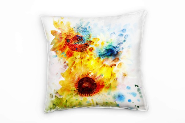 Paul Sinus Art Blumen, blau, gelb, abstrakt, gemalt, Sonnenblumen Deko Kissen 40x40cm für Couch Sofa Lounge Zierkis