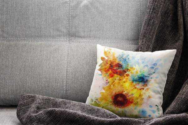 Paul Sinus Art Blumen, blau, gelb, abstrakt, gemalt, Sonnenblumen Deko Kissen 40x40cm für Couch Sofa Lounge Zierkis Große Rabatte