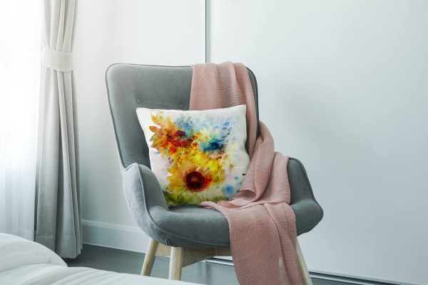 Paul Sinus Art Blumen, blau, gelb, abstrakt, gemalt, Sonnenblumen Deko Kissen 40x40cm für Couch Sofa Lounge Zierkis Große Rabatte