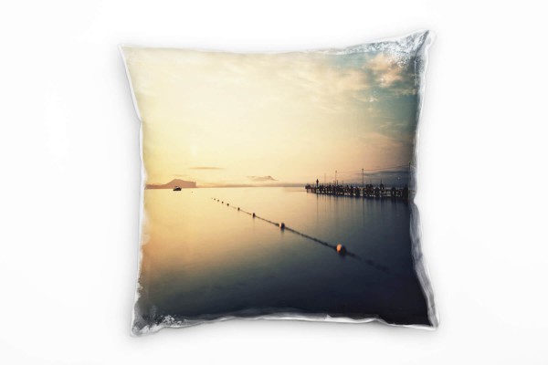 Paul Sinus Art Meer, orange, blau, Dämmerung, Steg, Schiff Deko Kissen 40x40cm für Couch Sofa Lounge Zierkissen