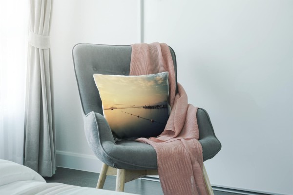 Paul Sinus Art Meer, orange, blau, Dämmerung, Steg, Schiff Deko Kissen 40x40cm für Couch Sofa Lounge Zierkissen Bestseller