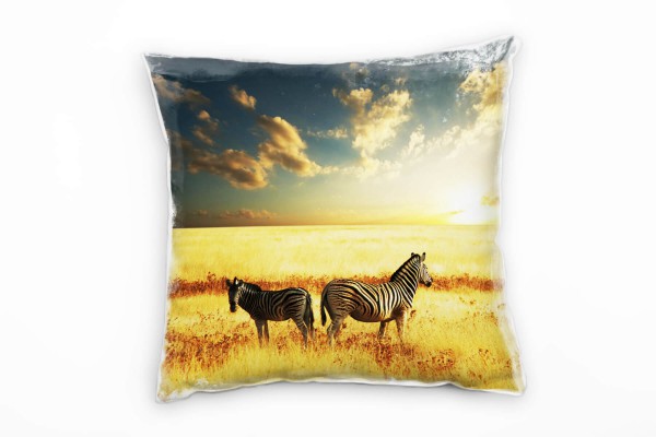 Paul Sinus Art Tiere, gelb, blau, Zebras, Afrika, Sonnenuntergang Deko Kissen 40x40cm für Couch Sofa Lounge Zierkis
