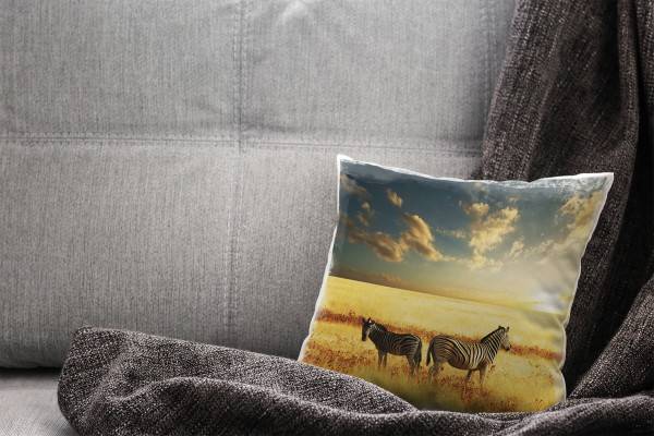 Paul Sinus Art Tiere, gelb, blau, Zebras, Afrika, Sonnenuntergang Deko Kissen 40x40cm für Couch Sofa Lounge Zierkis Saisonale Angebote